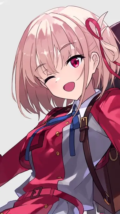 A cute anime girl winks, wearing a red jacket and a backpack