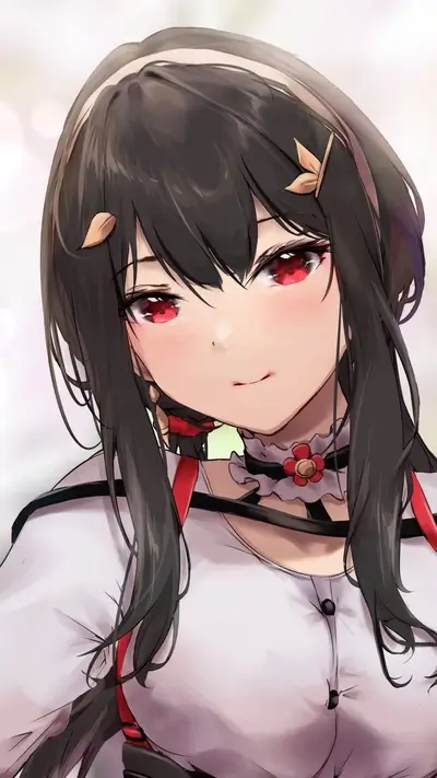 A cute anime girl with long black hair and red eyes