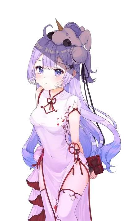 A cute girl in a cheongsam holds a gift