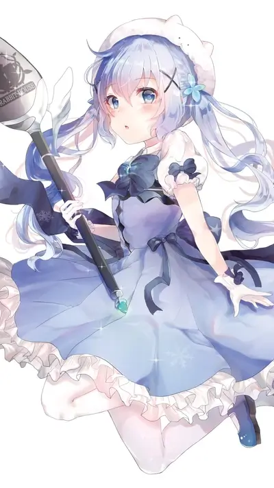 A cute girl in a light blue dress holding a staff