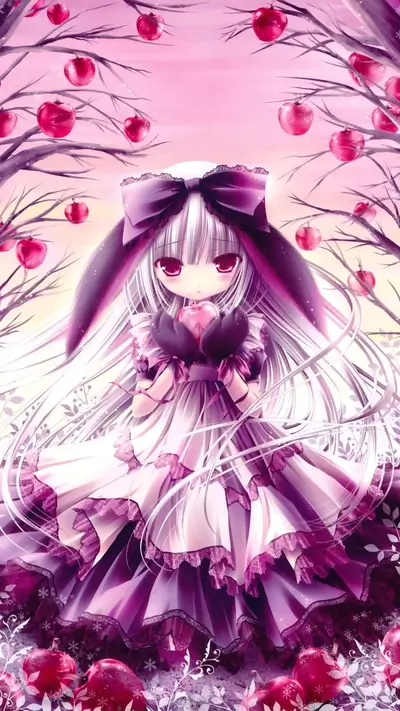 A cute girl in a purple dress holding an apple