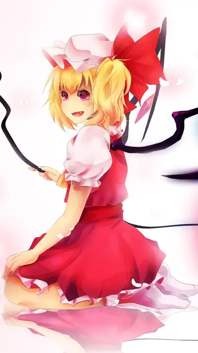 A cute girl in a red dress, with blonde hair and a red bow