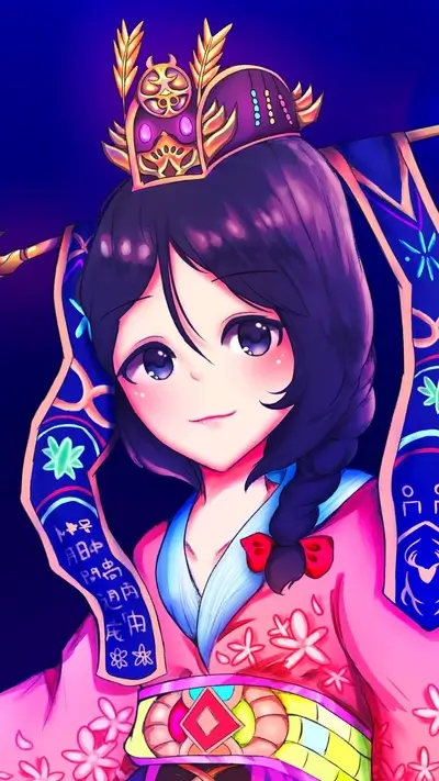 A cute girl in a vibrant pink and blue kimono
