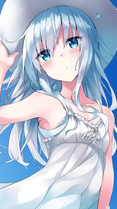 A cute girl in a white dress and hat