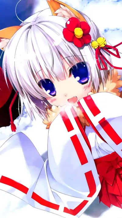 A cute girl in a winter kimono with fox ears