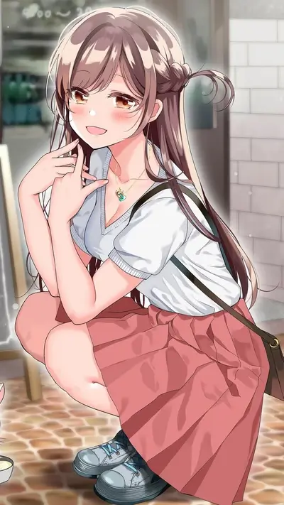 A cute girl squatting outdoors, wearing a pleated skirt