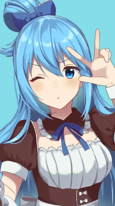 A cute girl with blue hair in a maid outfit