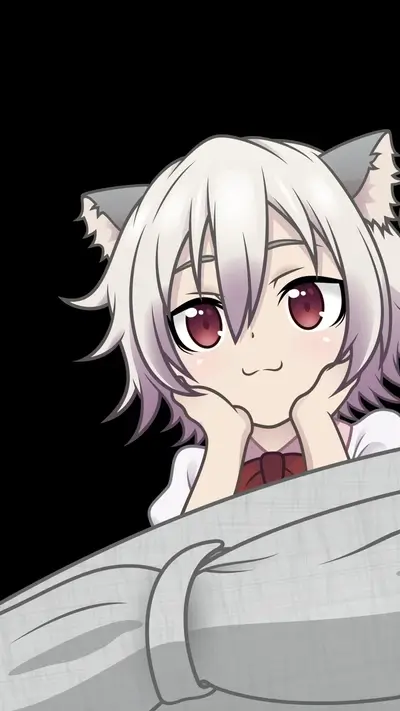 A cute girl with cat ears rests her chin on her hands