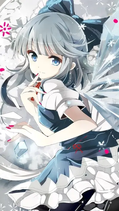 A cute girl with gray hair and a blue dress