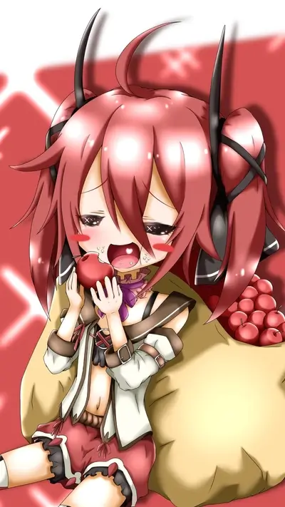 A cute girl with horns happily eating an apple