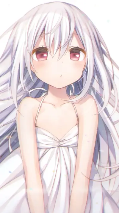 A cute girl with long white hair in a white dress
