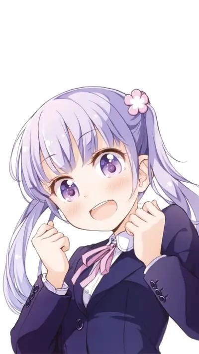 A cute girl with purple hair in a suit, excited expression