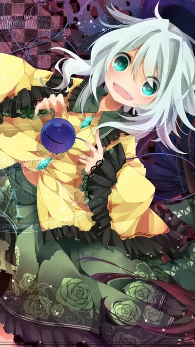 A cute girl with white hair in a yellow and green dress