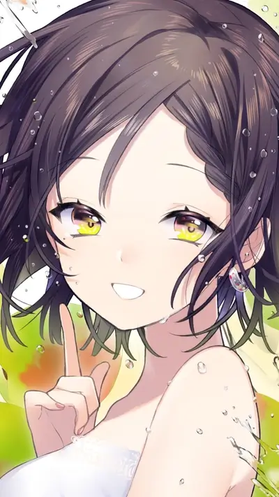 A cute girl with yellow eyes, short brown hair, and water droplets