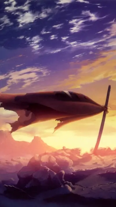 A damaged aircraft rests on a desolate landscape at sunset