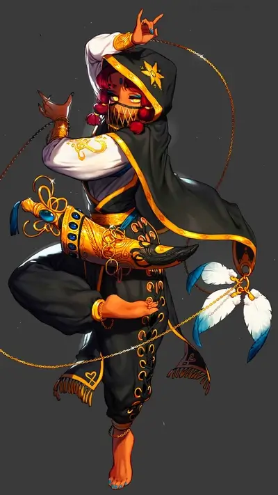 A dancer in ornate attire, wielding a jeweled dagger