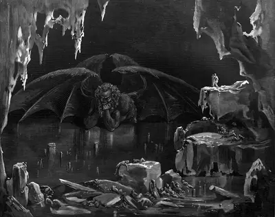 A dark, cavernous scene with a large, winged demon