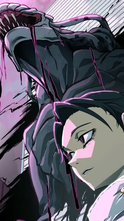 A dark figure looming over a person, purple accents