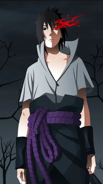 A dark-haired character with a red eye and purple sash
