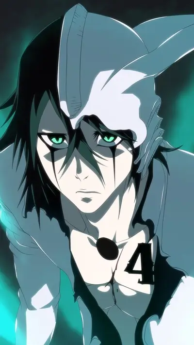 A dark-haired character with green eyes, pale skin, and a white mask