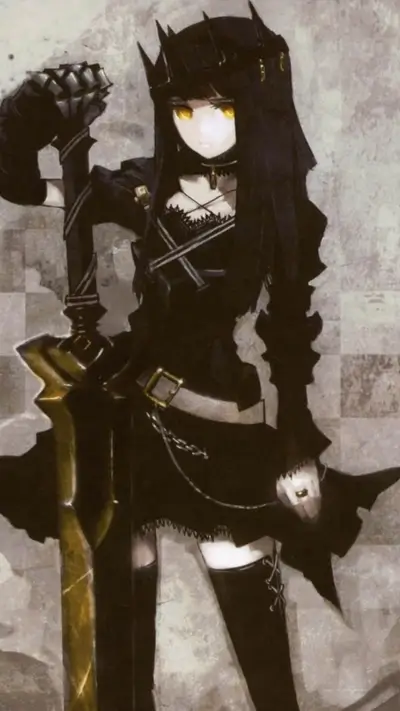 A dark-haired girl in black clothing wields a large golden sword