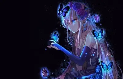 A dark-haired girl surrounded by glowing butterflies