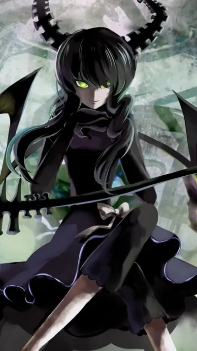 A dark-haired girl with horns and a scythe