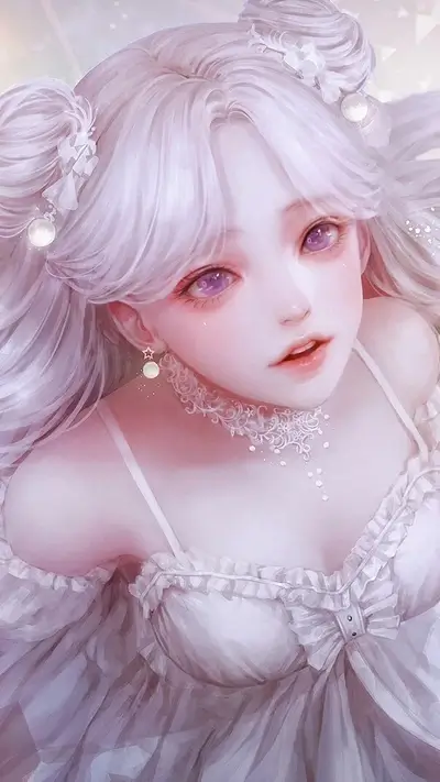 A delicate girl with white hair and a white dress