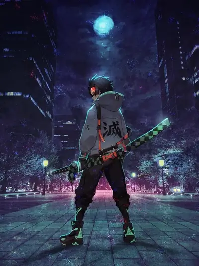 A Demon Slayer in a modern city at night