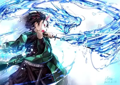 A Demon Slayer wielding a sword, surrounded by blue water