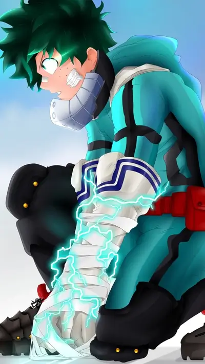 A determined hero with green hair, bandages, and striking turquoise lightning