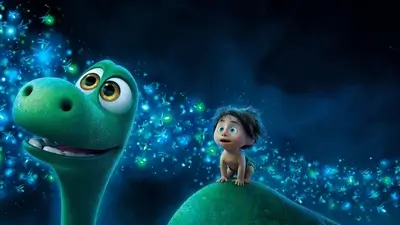 A dinosaur and a boy watch fireflies
