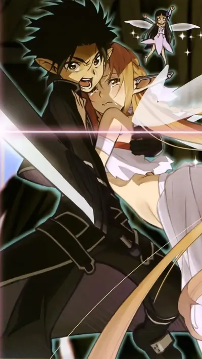 A dramatic scene of two characters, one embracing another while wielding a sword