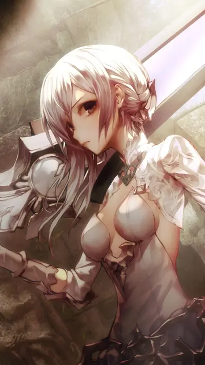 A fair maiden with a large sword stands before a stone wall