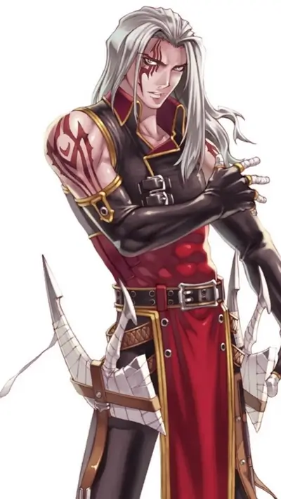 A fantasy character with long silver hair, red clothing, and tattoos