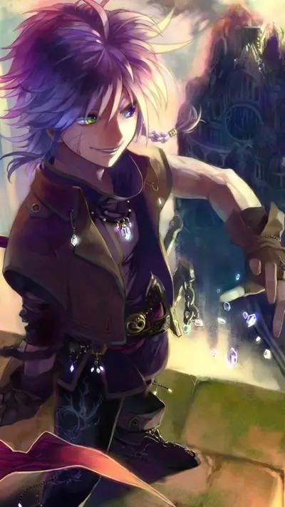A fantasy character with purple hair, holding crystals