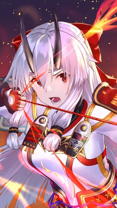 A female archer with white hair and red accents