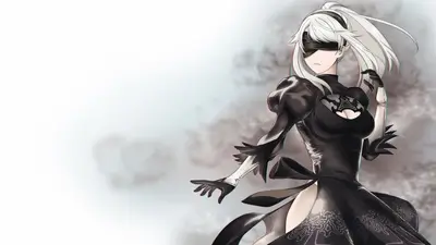 A female character in a black dress, long white hair, and blindfold