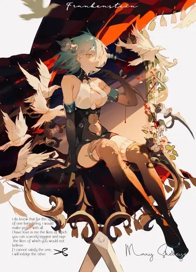 A female character in a dark, gothic setting with birds