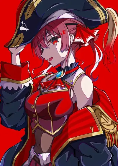 A female character in a red and black pirate outfit