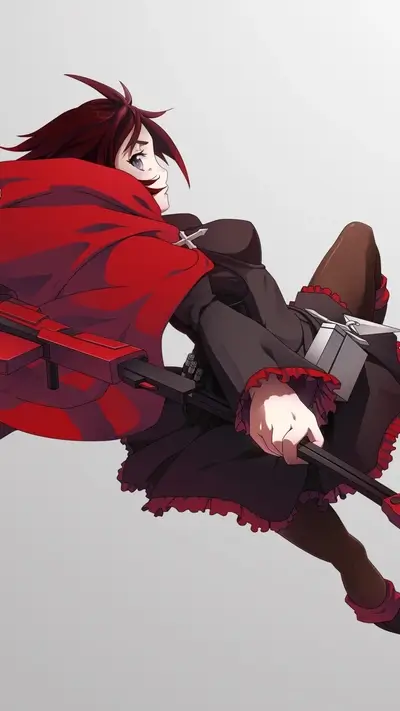 A female character in a red cloak wielding a large weapon