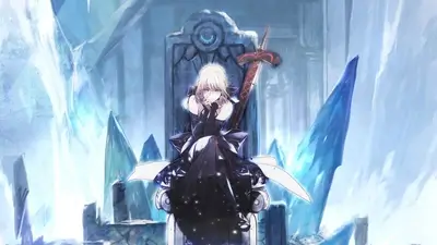 A female character sits on a throne in a frozen landscape