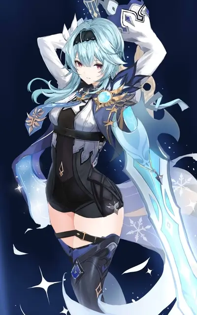 A female character with blue hair and a sword