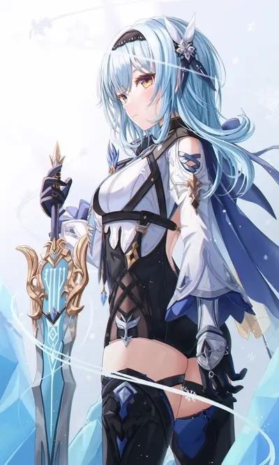 A female character with long light blue hair holds a sword