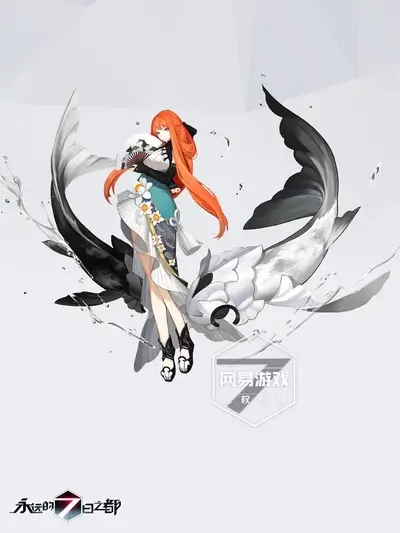 A female character with long orange hair and a kimono, surrounded by koi fish