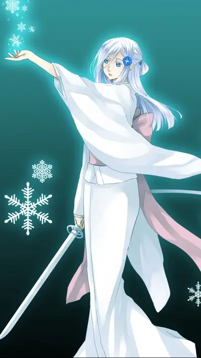 A female character with long white hair, wielding a sword