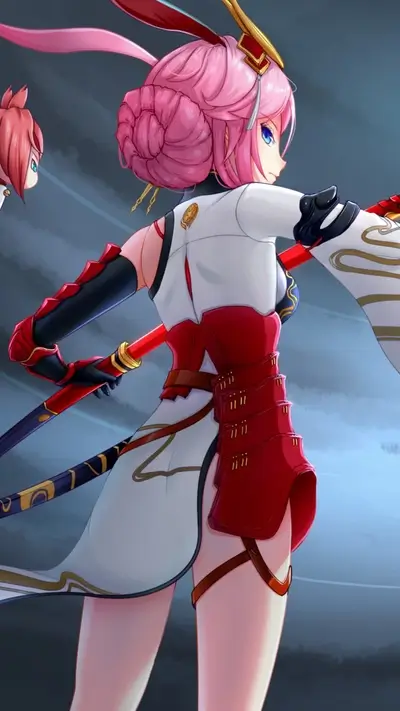 A female character with pink hair holding a sword