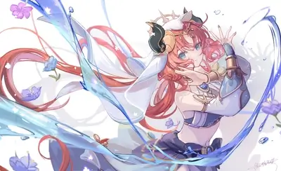 A female character with red hair and blue eyes, surrounded by water