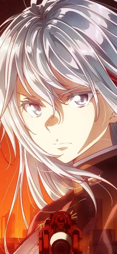 A female character with silver hair holding a gun