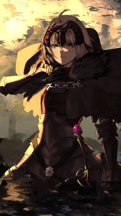 A female knight stands in a desolate landscape